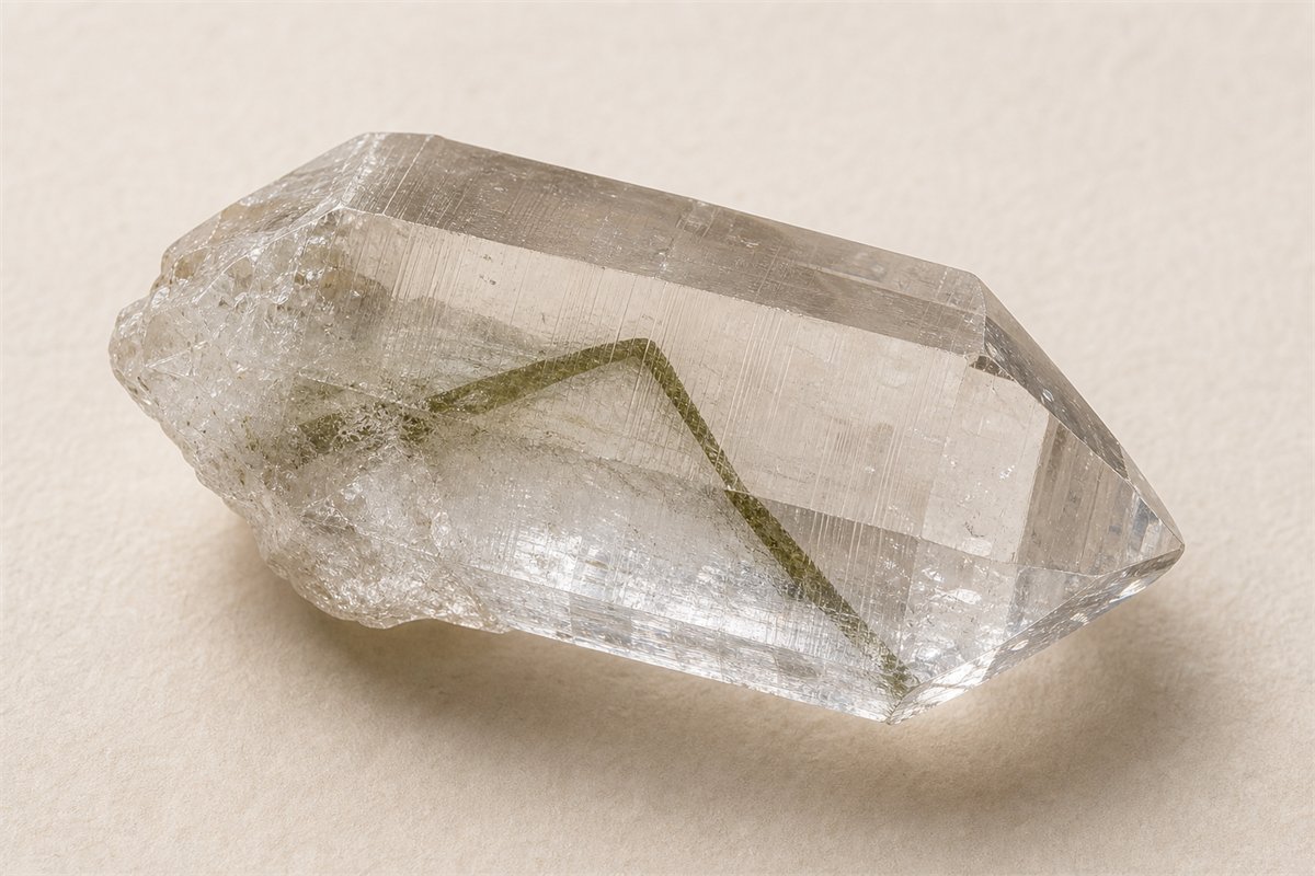 Transparent quartz with one olive-green internal layer tracing an earlier crystal termination