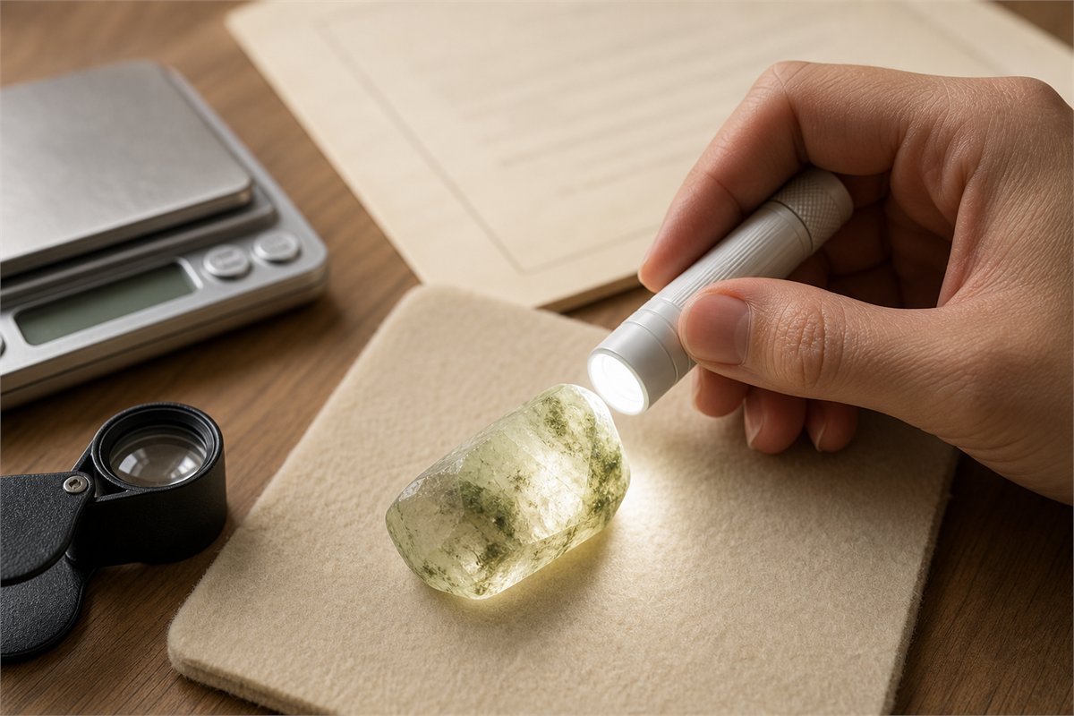 Hand using a small flashlight to examine green inclusions in quartz beside a loupe, scale, and blank report