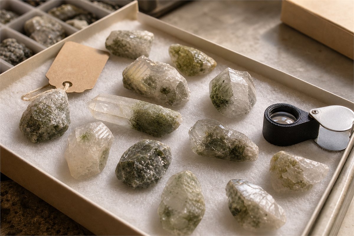 Assorted chlorite-included quartz specimens sorted on an archival tray with a loupe and blank tag