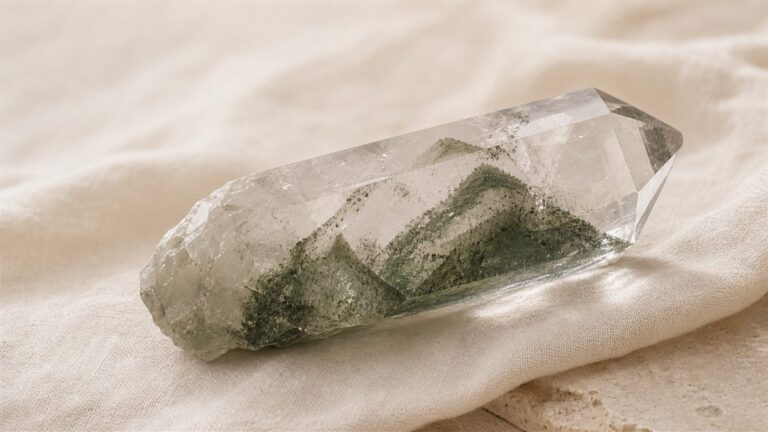 Transparent quartz specimen with olive-green chlorite phantom layers on warm ivory linen