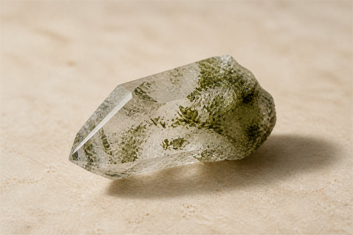 Clear quartz crystal containing irregular olive-green flaky chlorite along internal planes