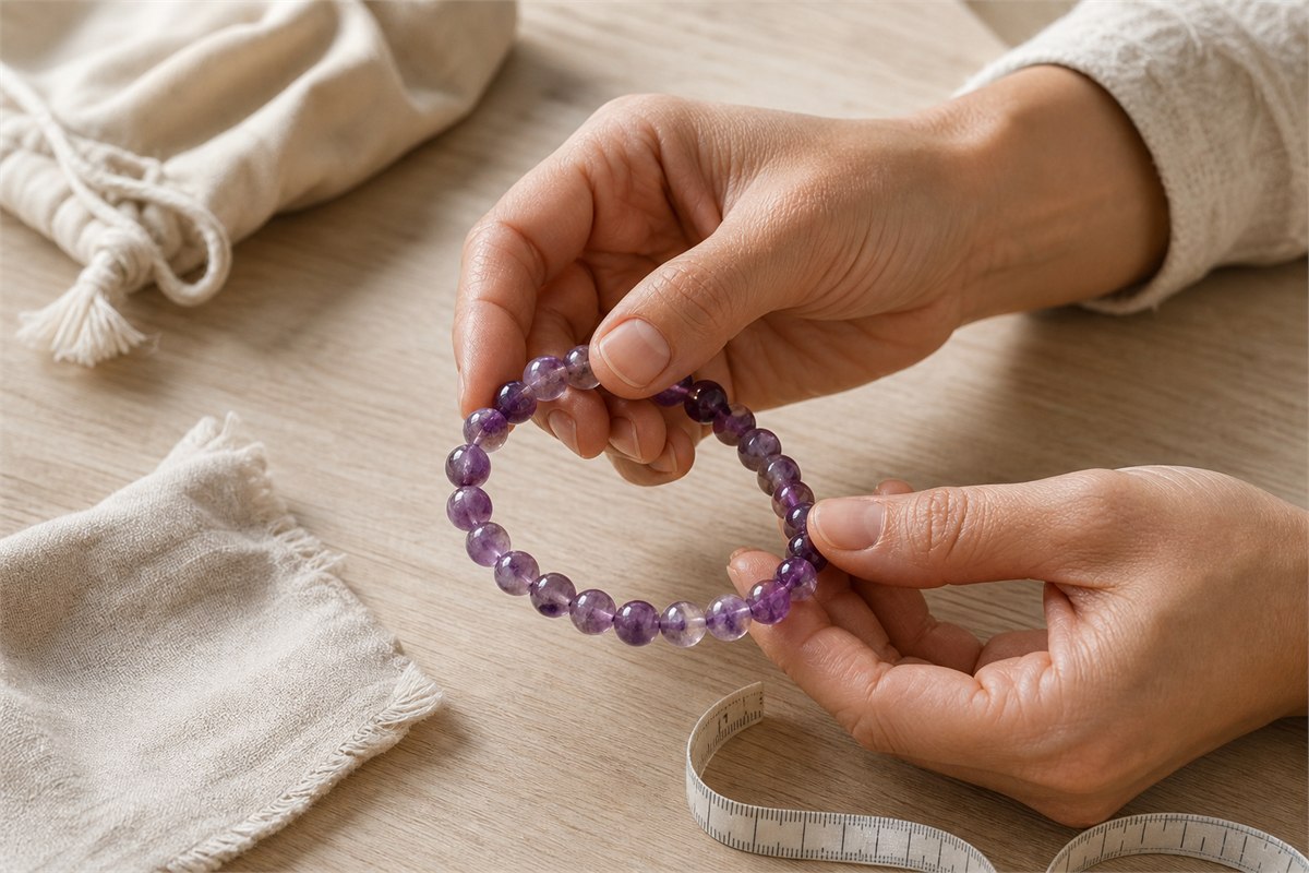 Two hands inspecting an amethyst bracelet for bead matching polish and construction