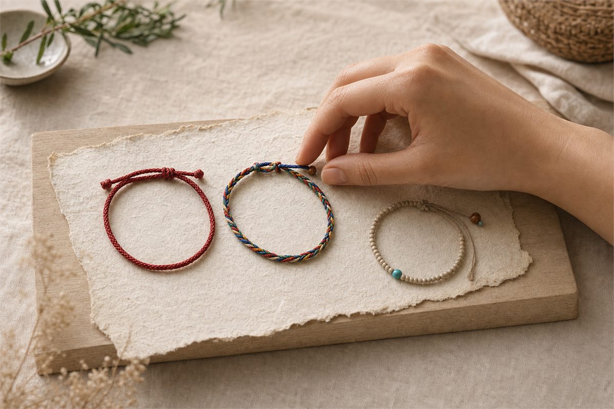 Hand choosing among a red cord, five-color cord, and seed-bead bracelet on handmade paper