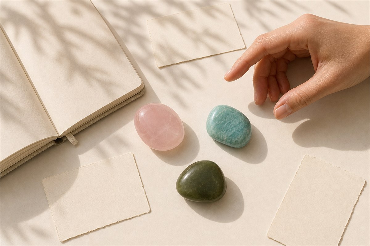 Hand choosing among rose quartz, amazonite, and nephrite jade beside blank intention cards