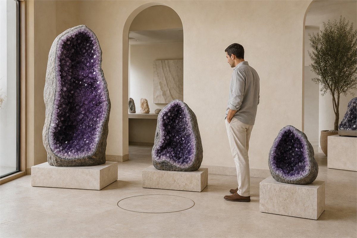 Buyer comparing three amethyst caves of different sizes and crystal character in natural light