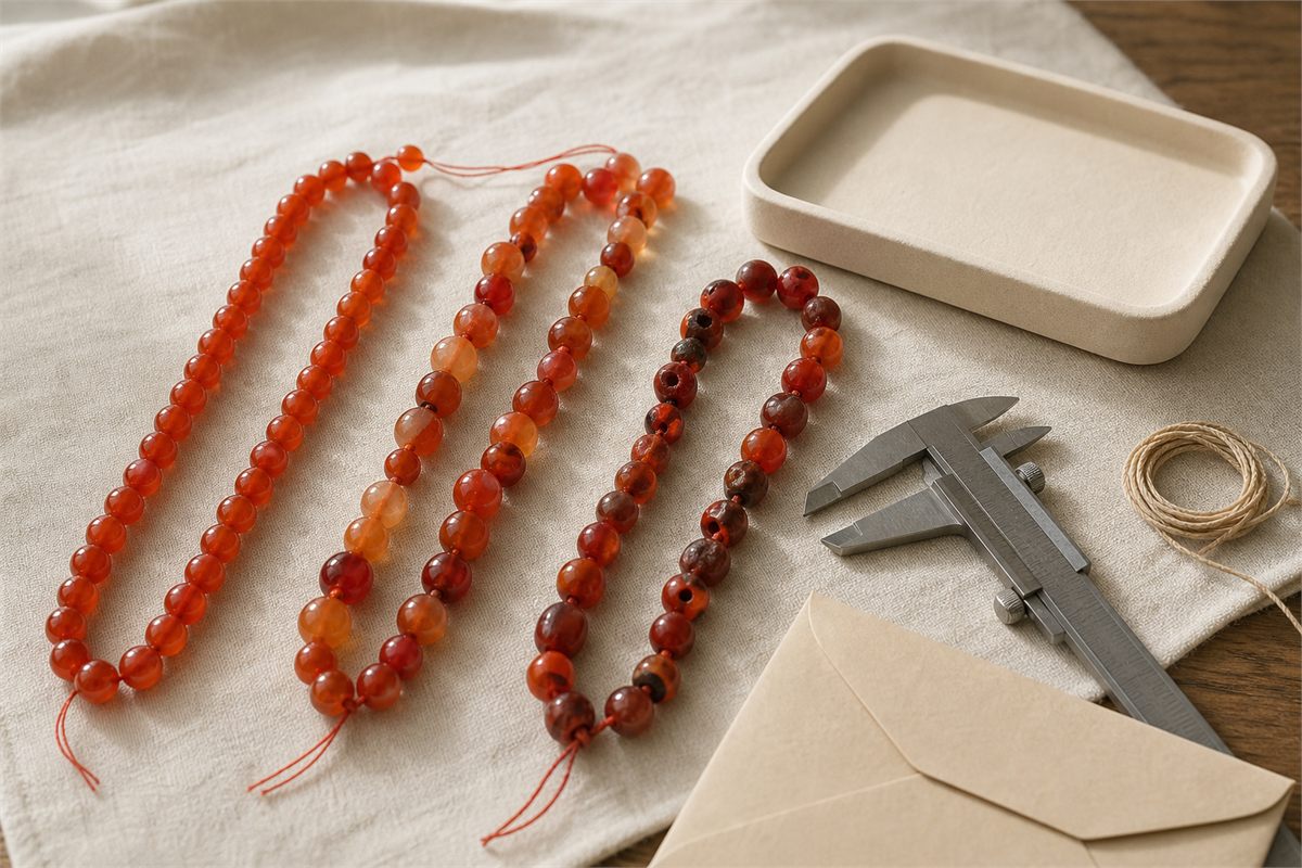 Three carnelian bead strands compared beside a tray, calipers, cord, and plain return envelope