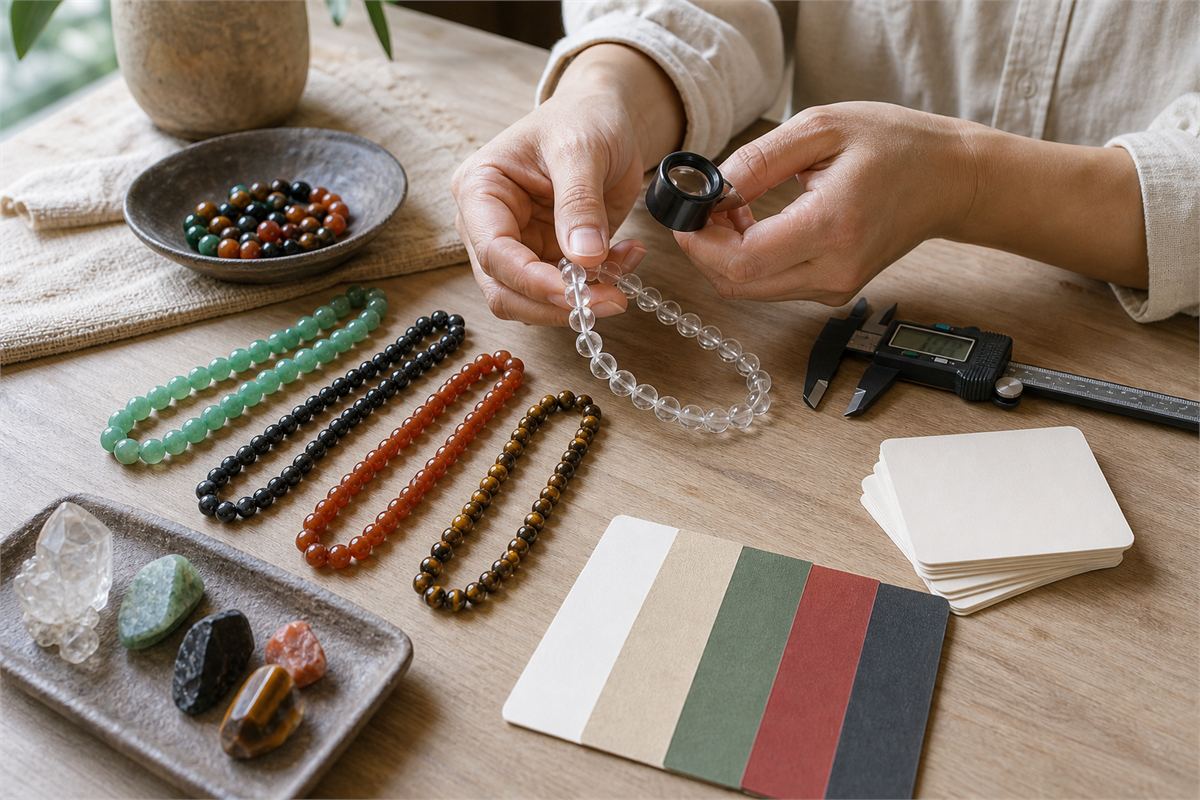 Hands comparing gemstone beads with a loupe, caliper, neutral swatches, and blank care cards