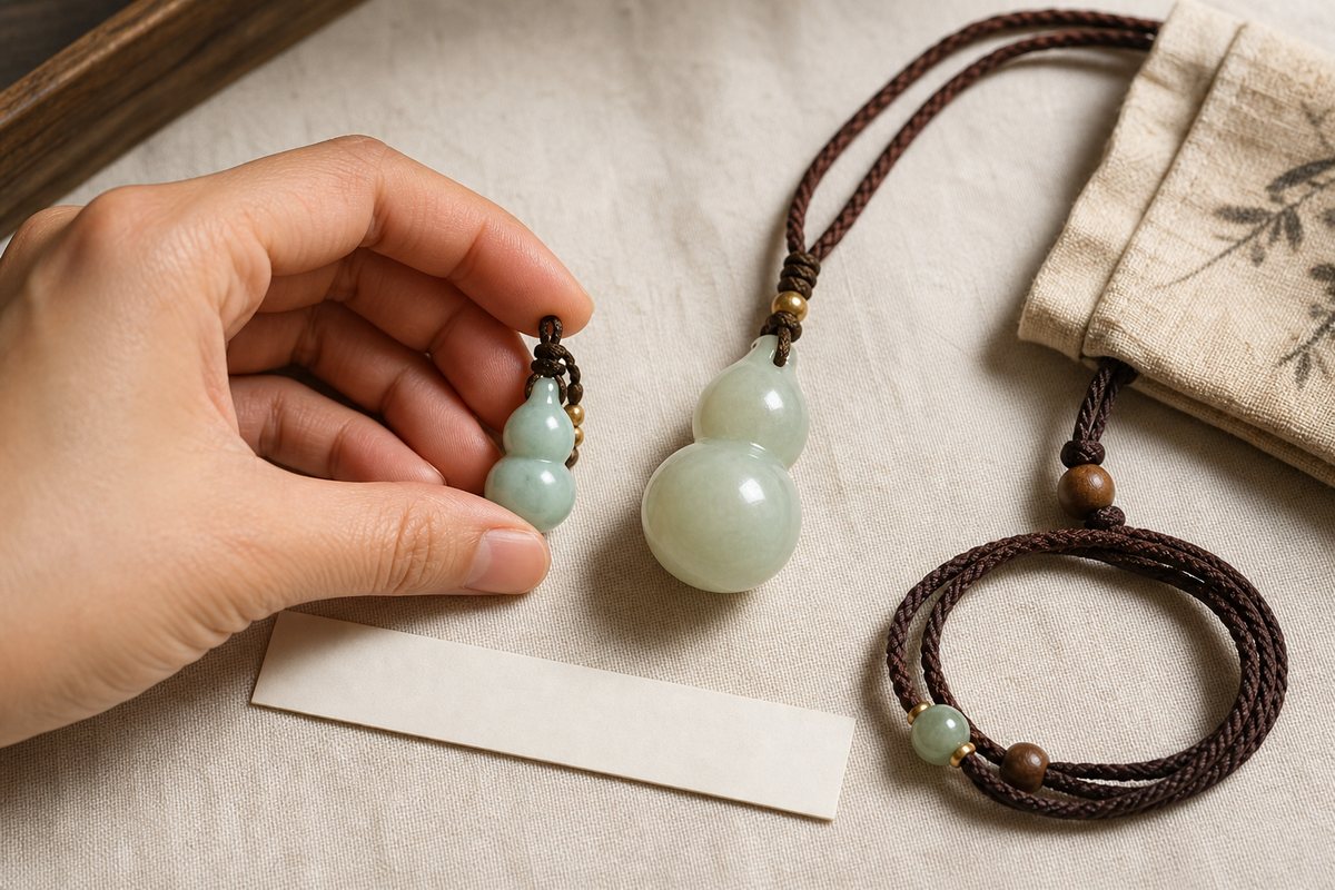 Hand comparing two hulu pendants with braided cord, secure loops, neutral pouch, and blank measuring strip