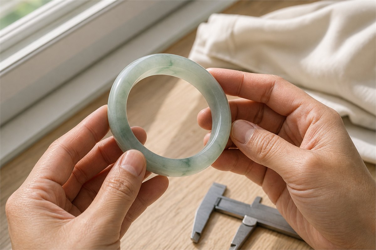 Hands examining a jadeite bangle in neutral daylight beside a caliper and soft cloth