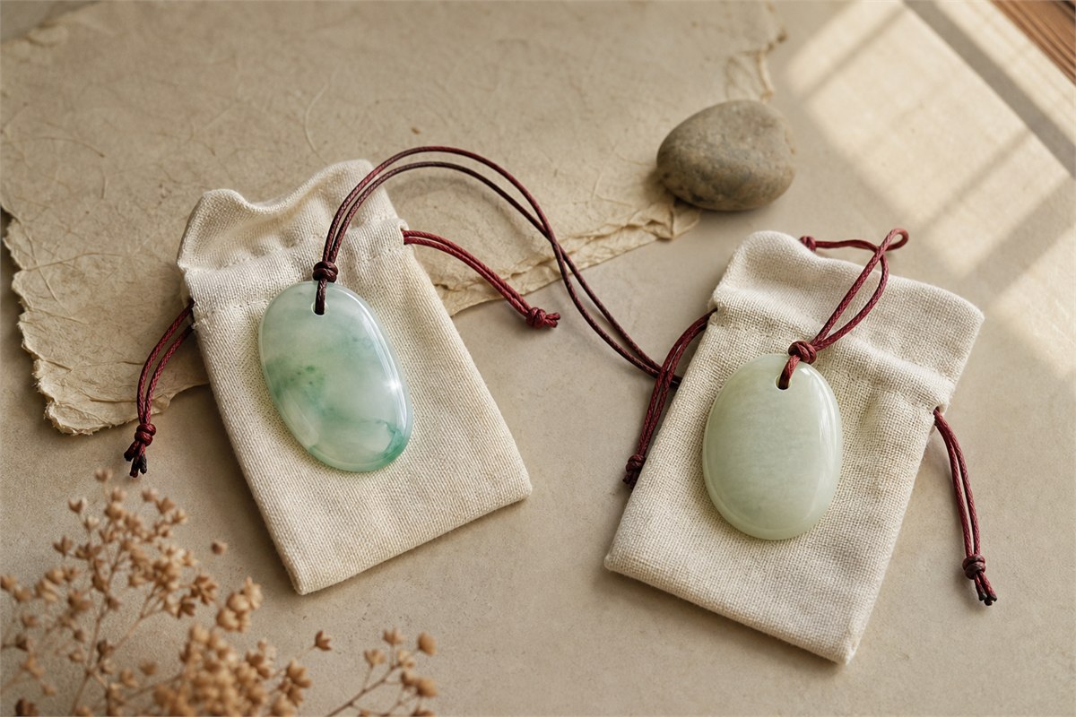 Jadeite and nephrite pendants on separate ivory gift pouches connected by dark red cords