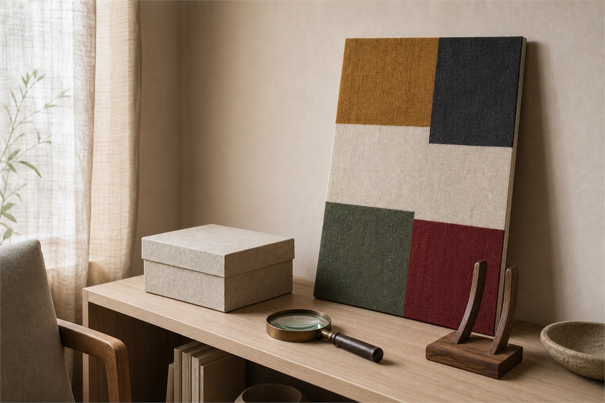 Five-color abstract textile artwork, handmade paper gift box and magnifying glass in a quiet room