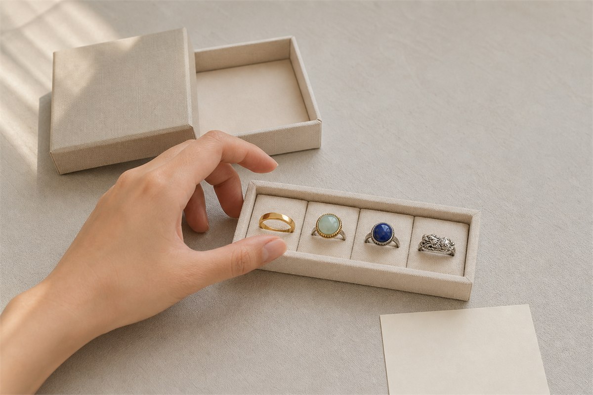 A hand choosing among gold, jade, blue stone, and silver creature rings in a neutral tray