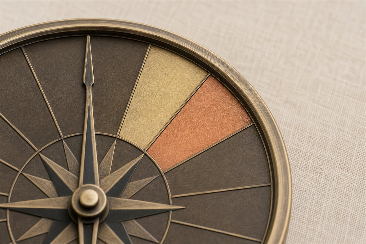 Close view of two distinct adjacent sectors on a brass compass model