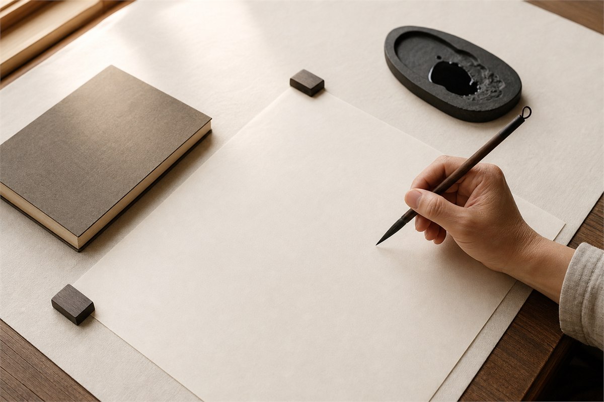 Blank calligraphy paper, brush, inkstone, and reference book on a pale wood desk