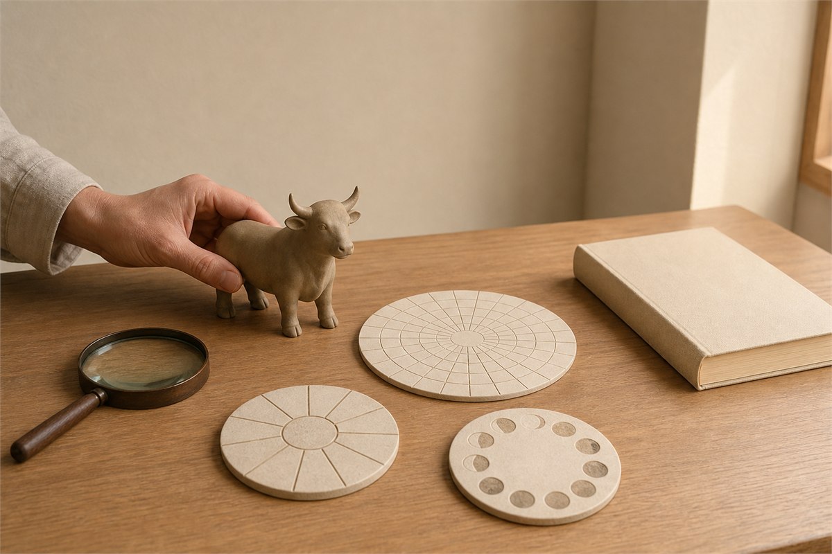 Ox figurine beside separate compass, seasonal, and lunar models on a review desk