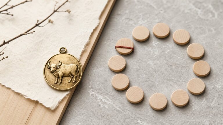 Gold ox medallion beside twelve wooden cycle tokens on warm ivory linen