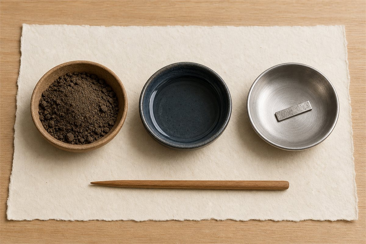 Three bowls holding earth, water, and a silver strip on a linen study surface