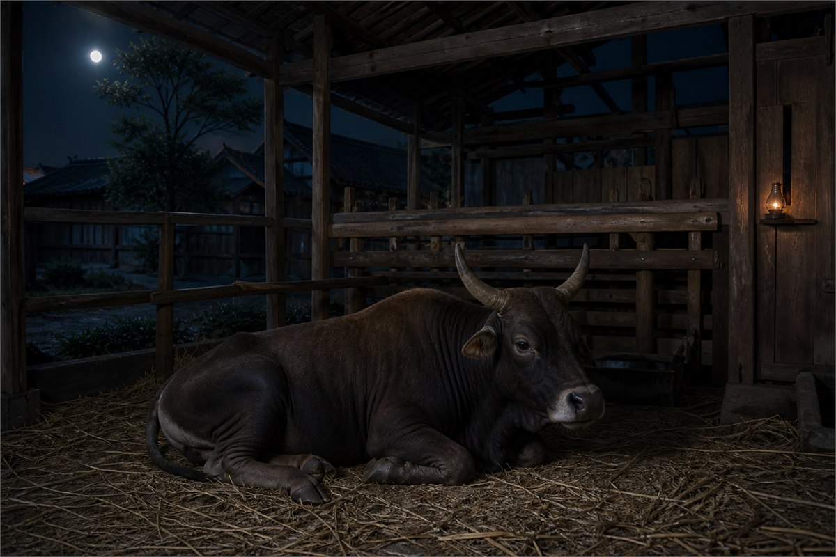 Ox resting in a clean timber barn under moonlight during the deep night