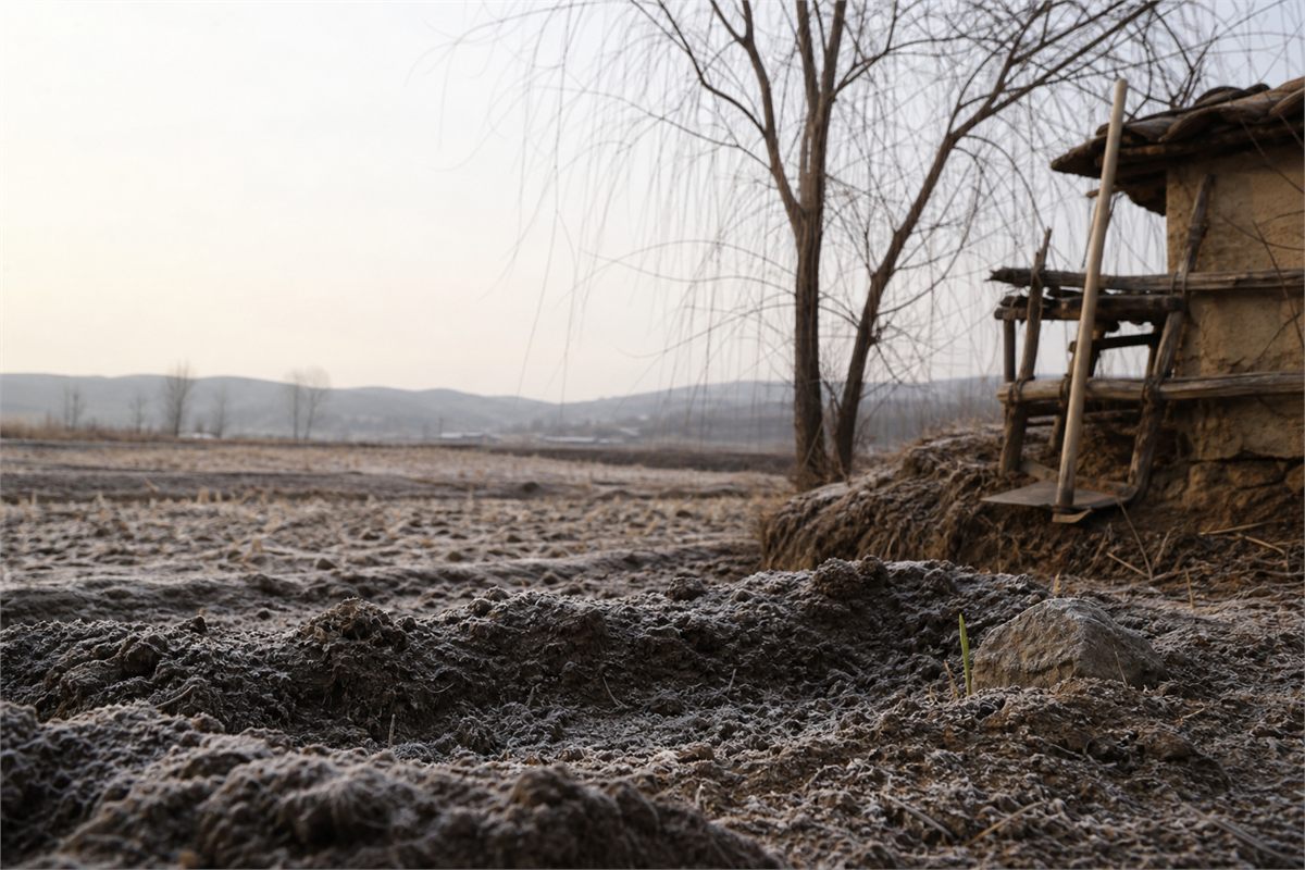Frost-covered winter field with stored tools and a small new shoot