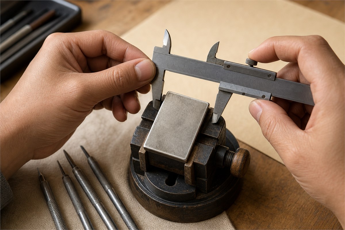 Jeweler measuring a blank silver plaque at an engraving workbench