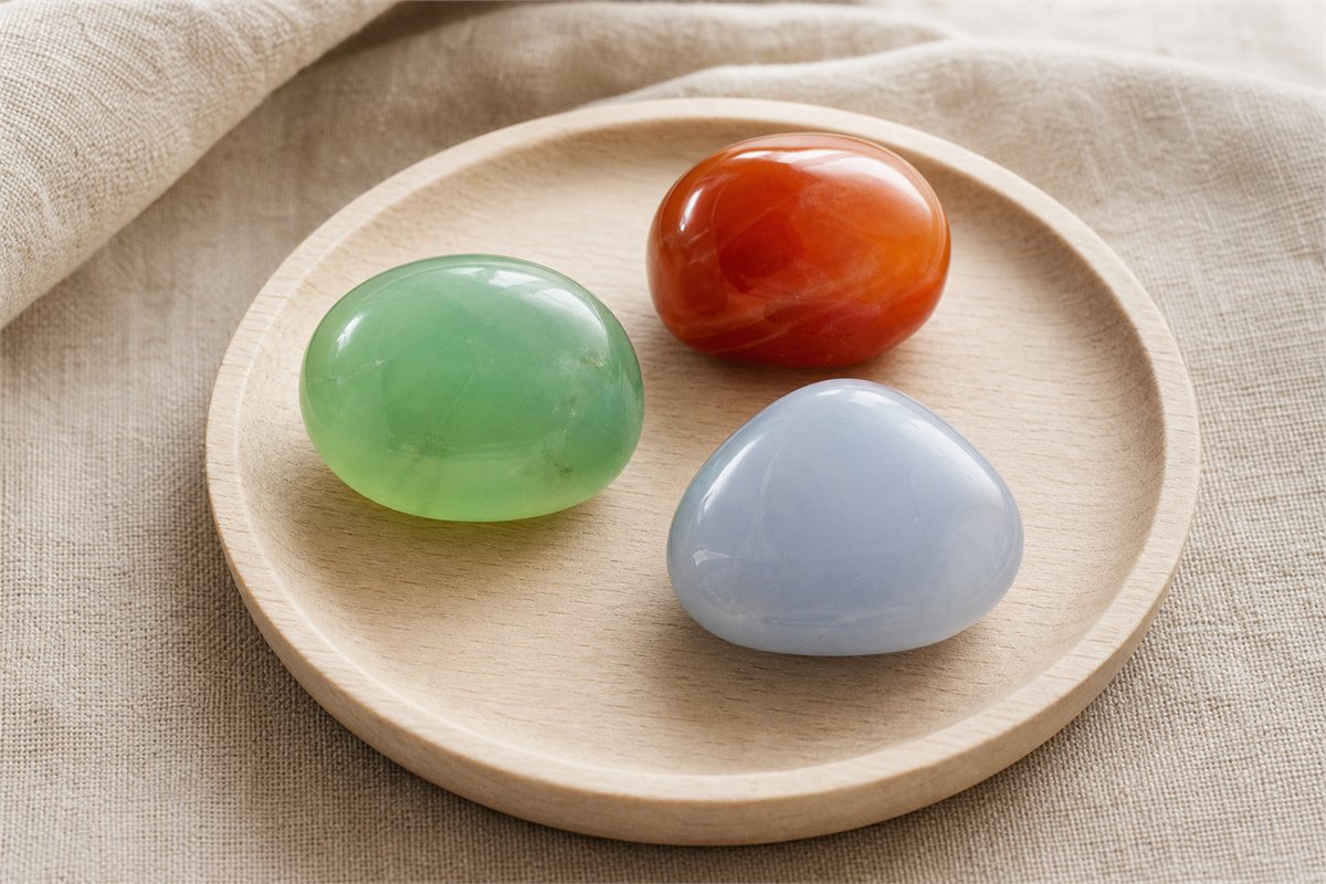 Green chrysoprase, orange-red carnelian, and pale blue chalcedony on a wood tray