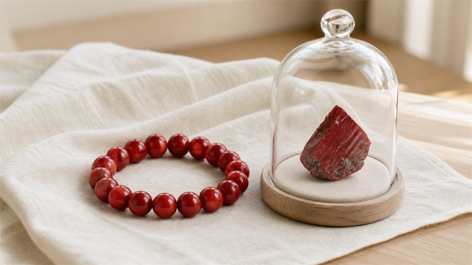 Intact red bead bracelet beside a cinnabar mineral specimen under a clear display dome