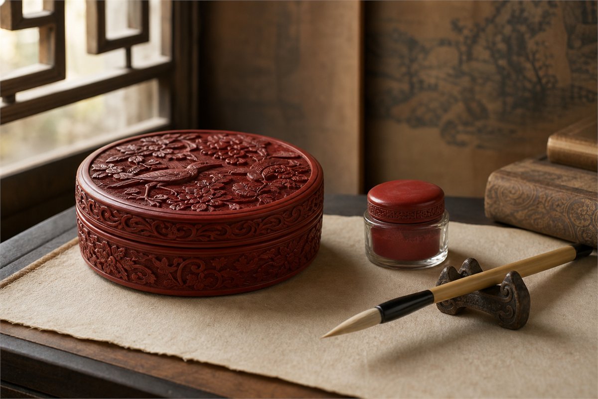 Closed carved red lacquer box, covered pigment sample, and unused brush on handmade paper