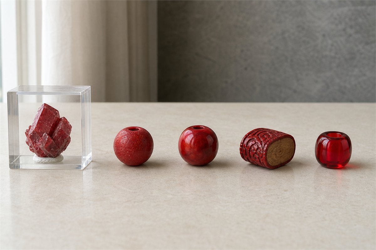 Protected cinnabar crystal, composite bead, resin bead, lacquer sample, and red glass bead arranged separately