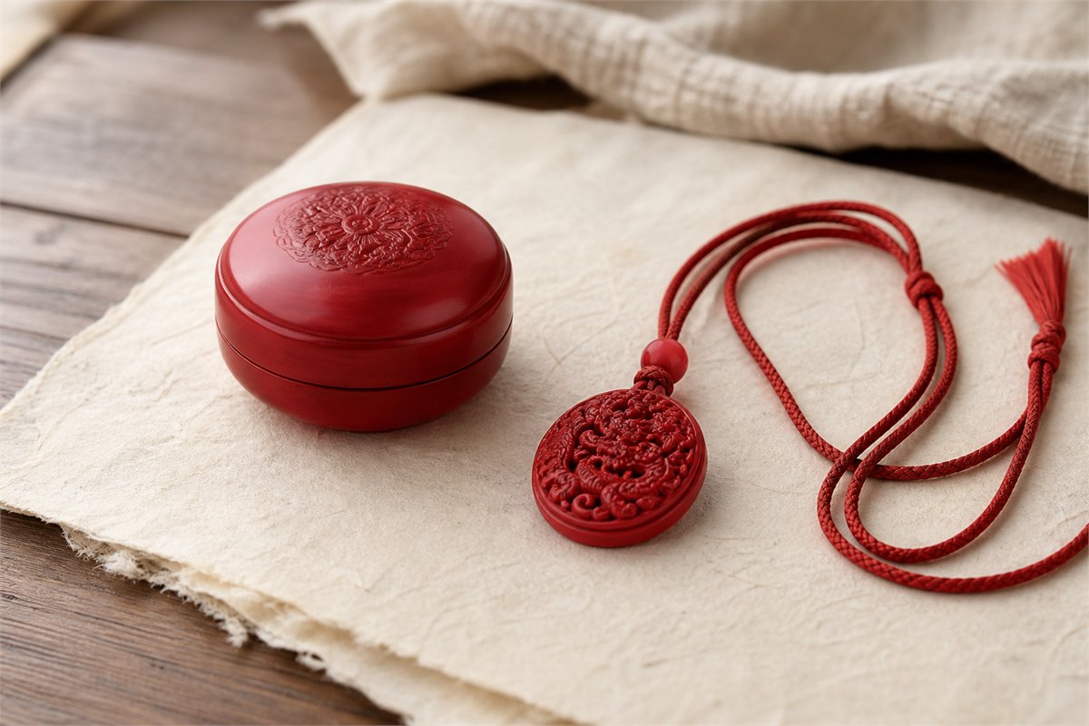 Red carved pendant, red cord, and closed red decorative box arranged on cream paper