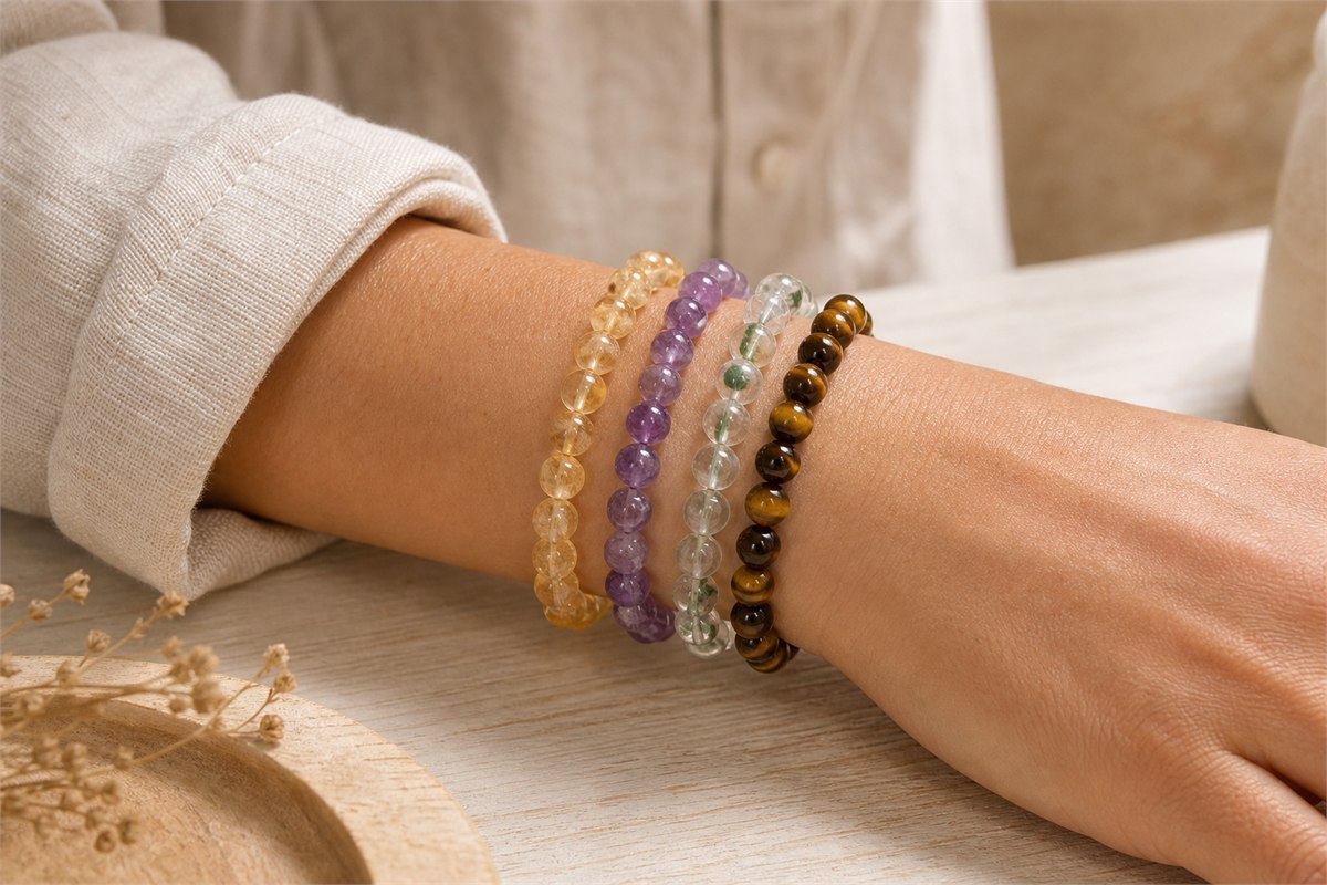 Citrine bracelet styled with amethyst, green phantom quartz and tiger eye bracelets on a wrist