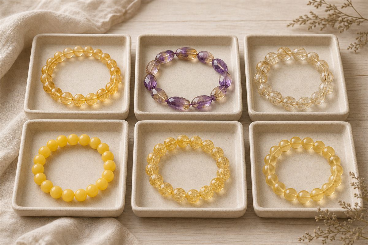 Separated citrine, purple-yellow ametrine, gold rutilated quartz, yellow glass, crackled quartz and resin beads