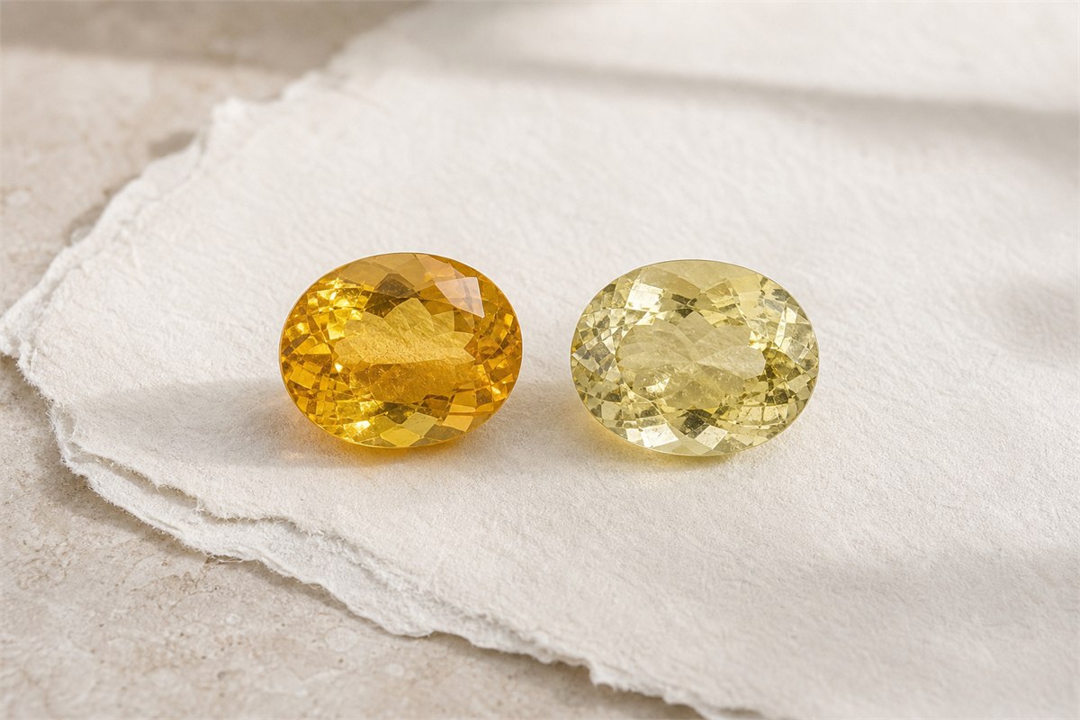 Warm golden-yellow citrine beside pale yellow-green lemon quartz on neutral handmade paper