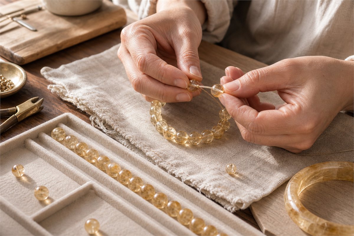 Artisan hands matching polished citrine beads and threading them on clear elastic cord