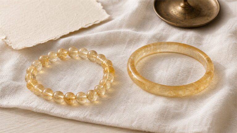 Golden citrine bead bracelet beside a polished rigid citrine bangle on warm ivory linen