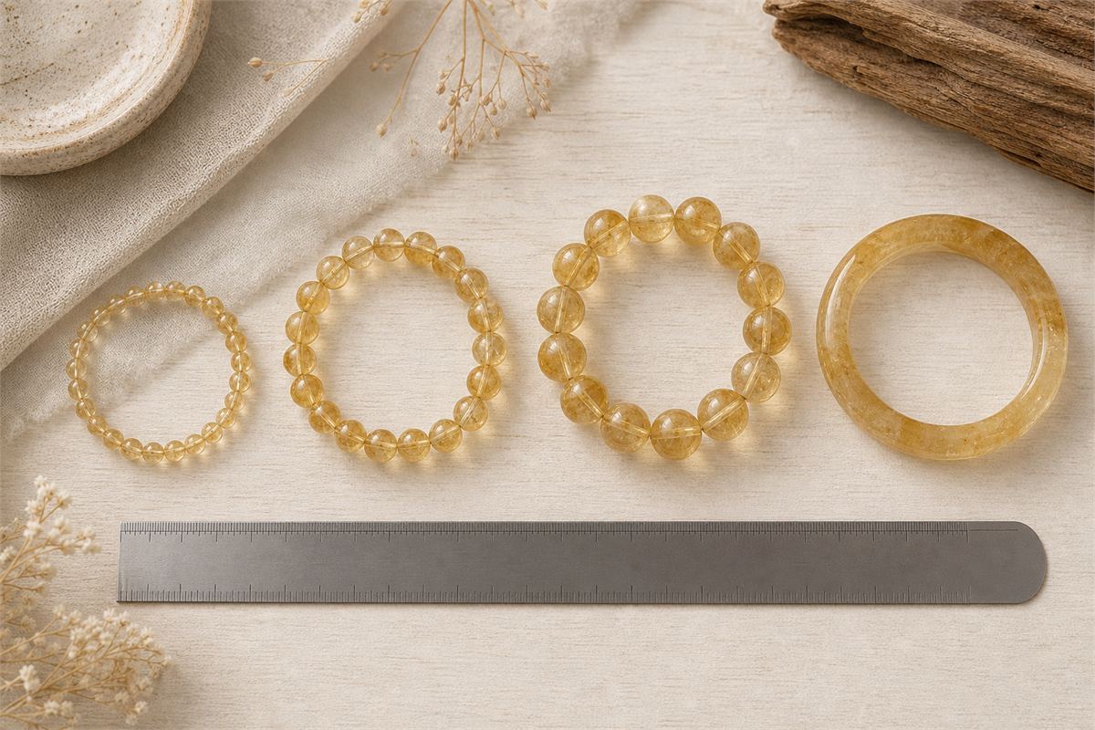 Small, medium and large citrine bead bracelets beside a rigid bangle and jeweler ruler