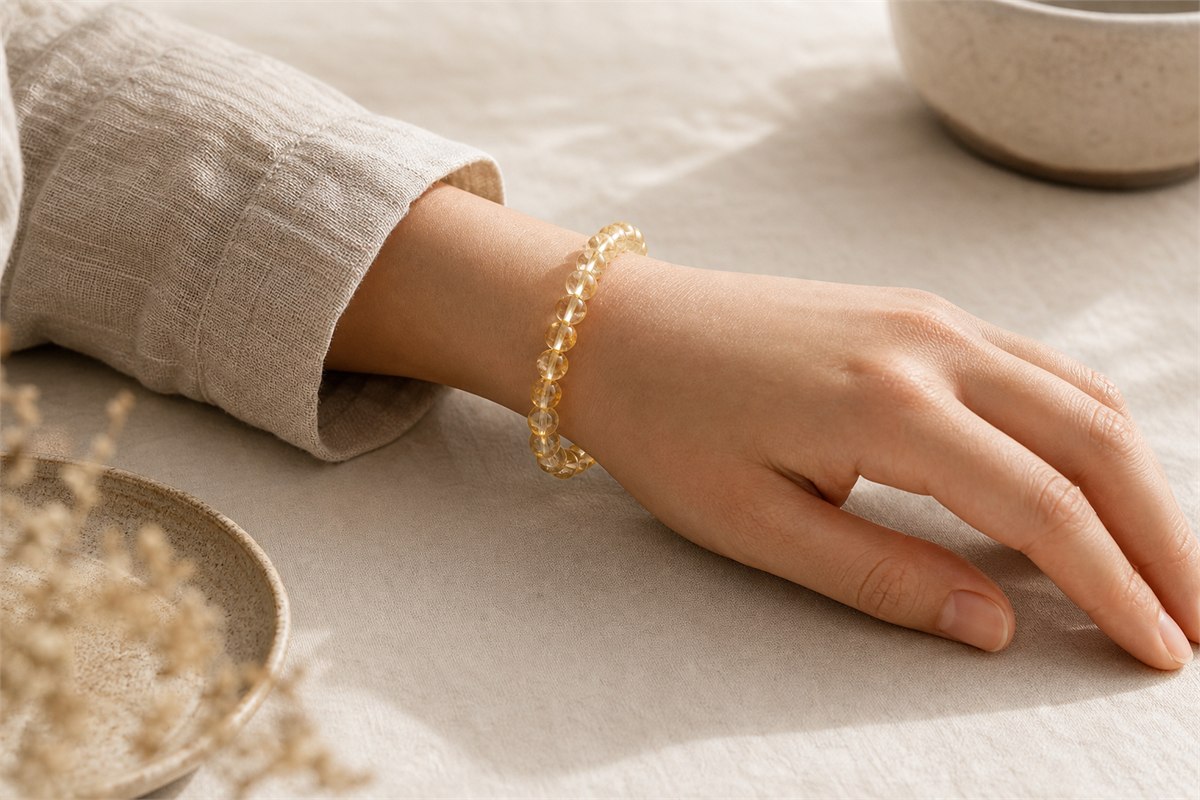 Eight millimeter citrine bead bracelet worn comfortably on a relaxed wrist