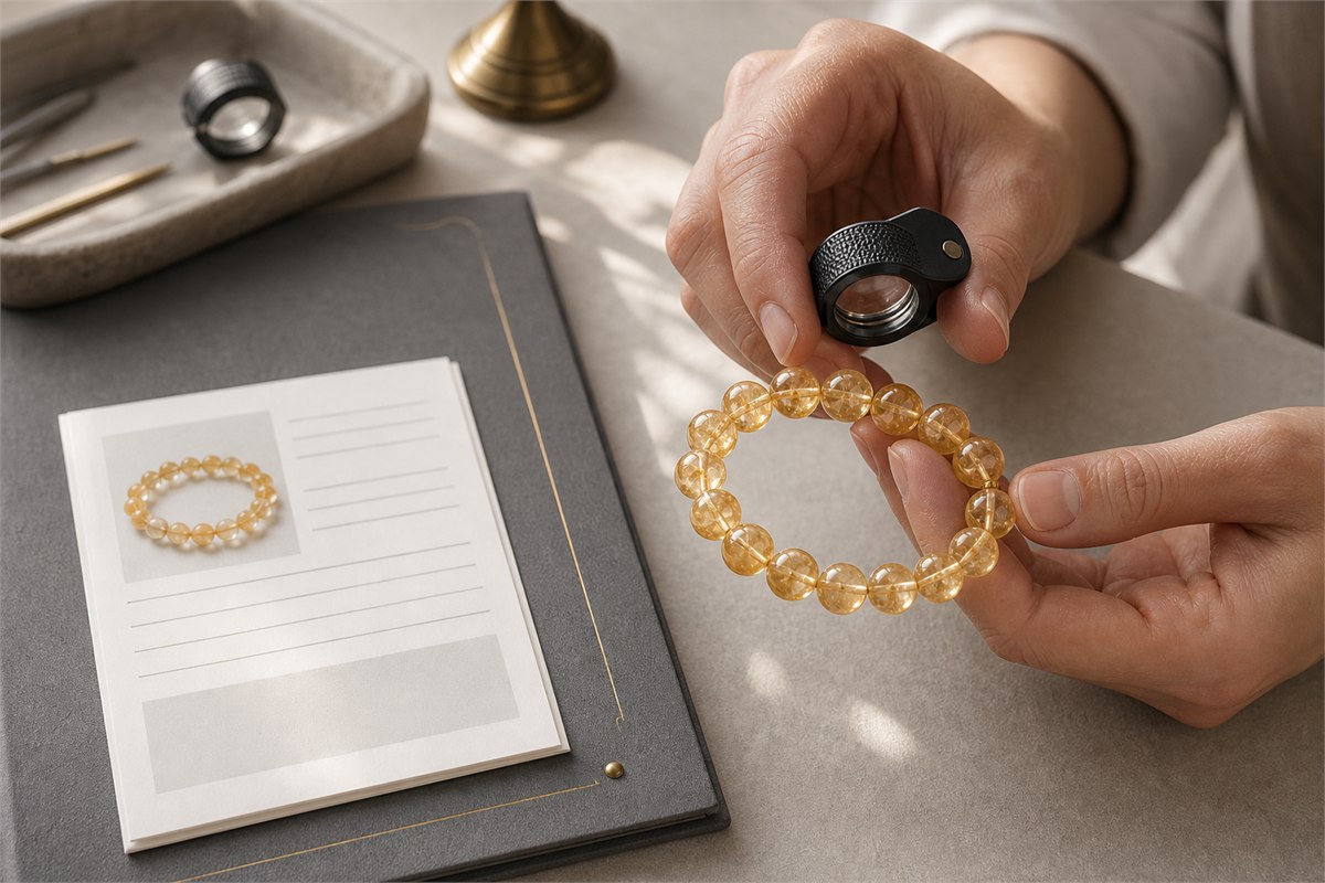 Gemologist inspecting a citrine bracelet with a loupe beside an unbranded gem report card