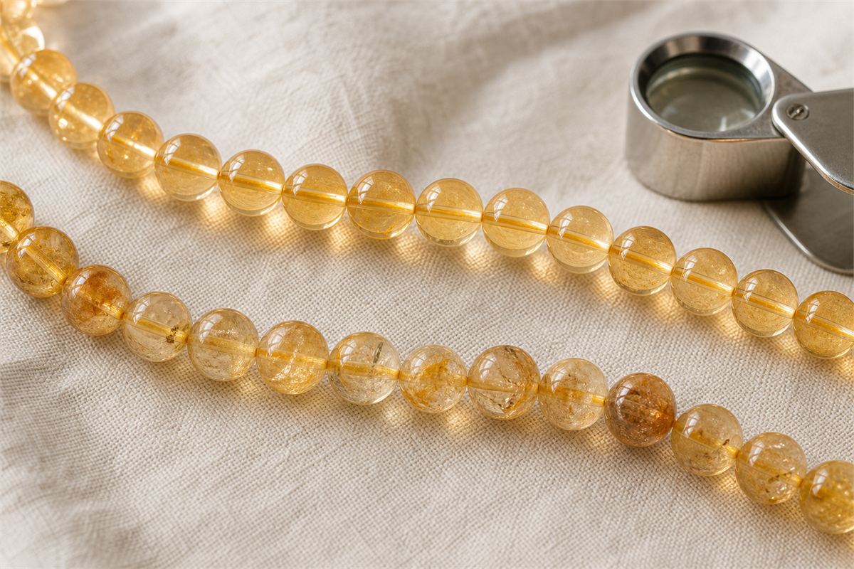 Close view of citrine bracelet beads showing color matching, polish, drill holes and natural-looking fractures