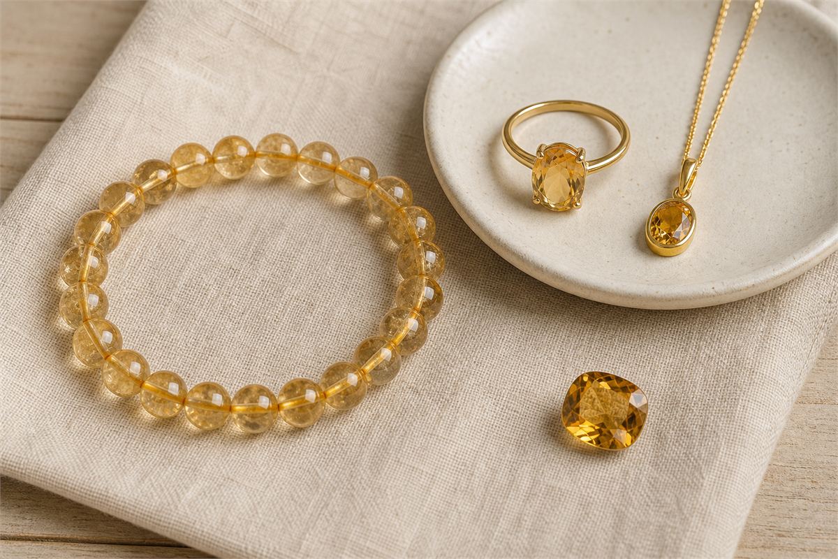 Citrine bead bracelet, prong-set ring, bezel pendant, and loose cushion-cut stone arranged on neutral linen