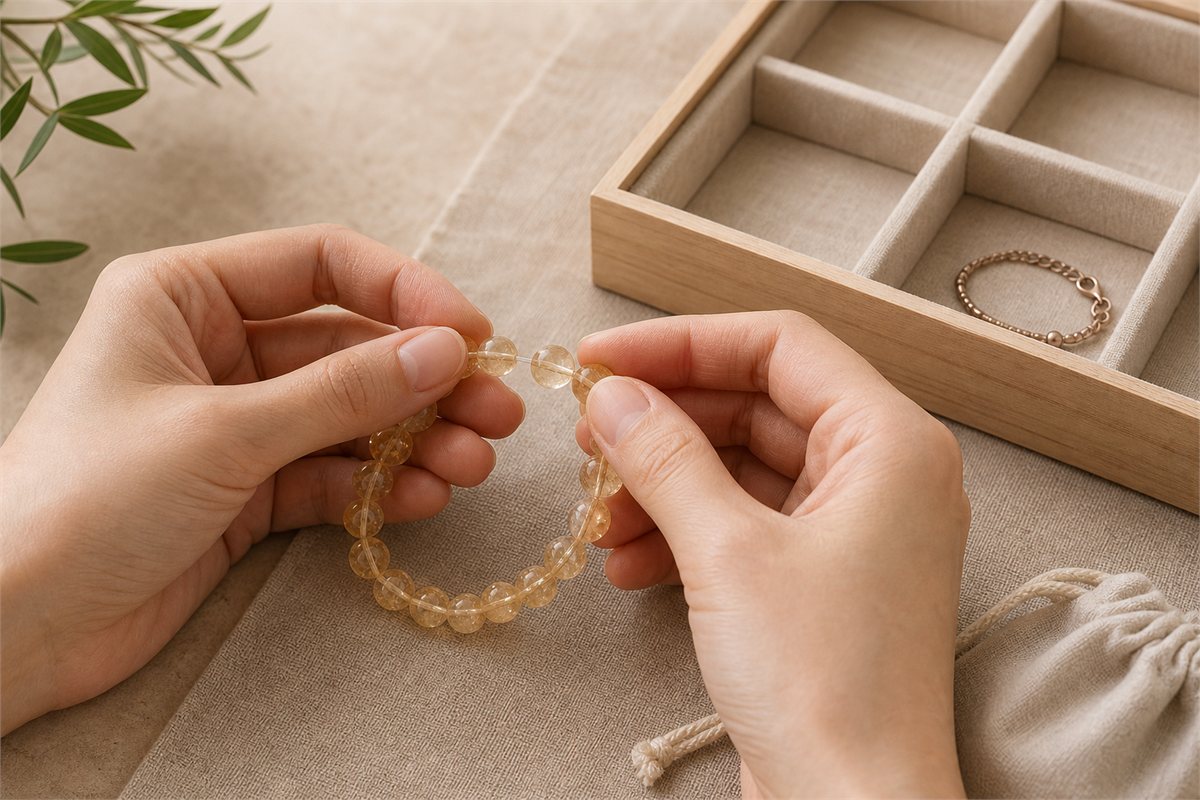 Hands checking citrine bracelet elastic beside a soft pouch and divided jewelry box