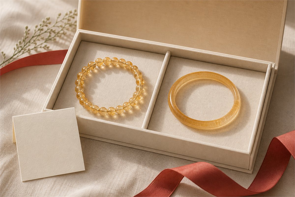Citrine bracelet presented in a neutral linen gift box with ribbon and blank card