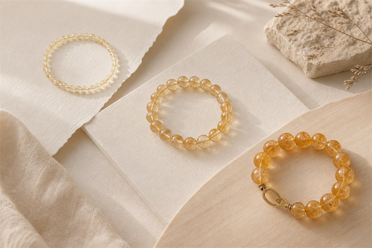 Three citrine bracelet styles with different bead sizes, color saturation, matching and metalwork