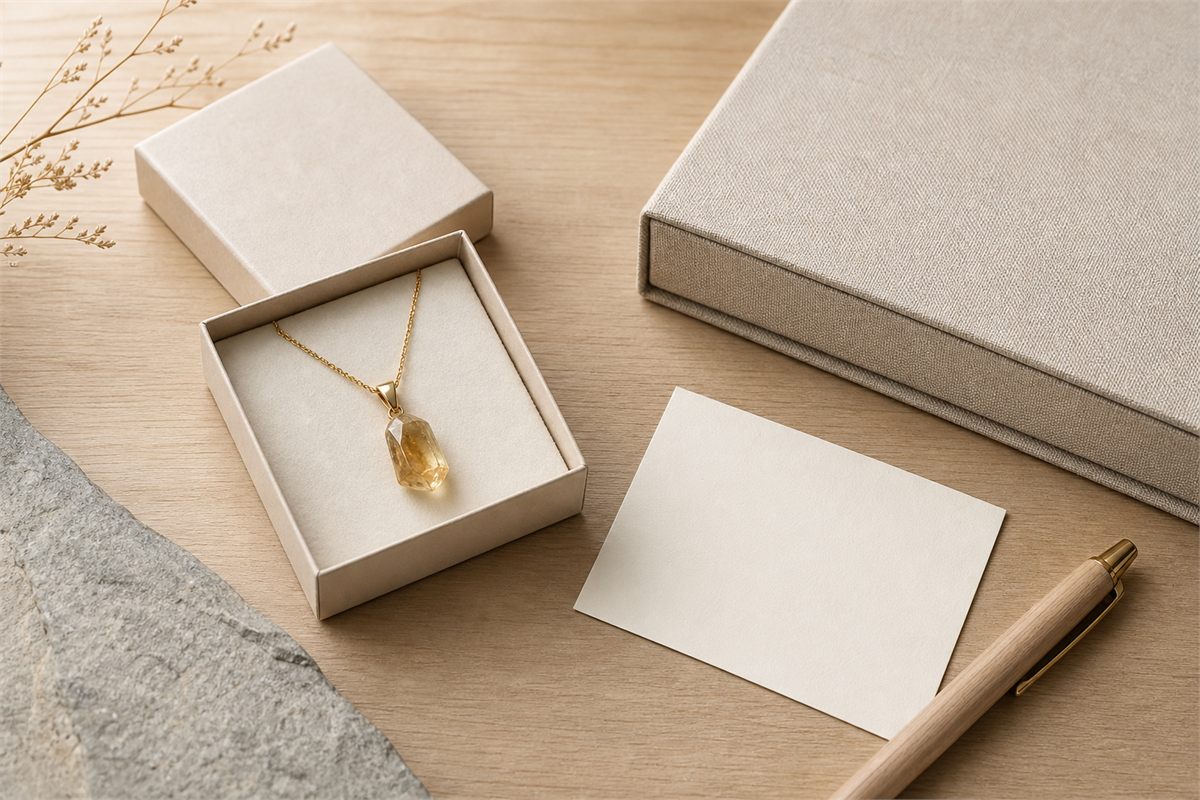 Small citrine pendant in a neutral paper gift box with a blank card on a pale wood desk