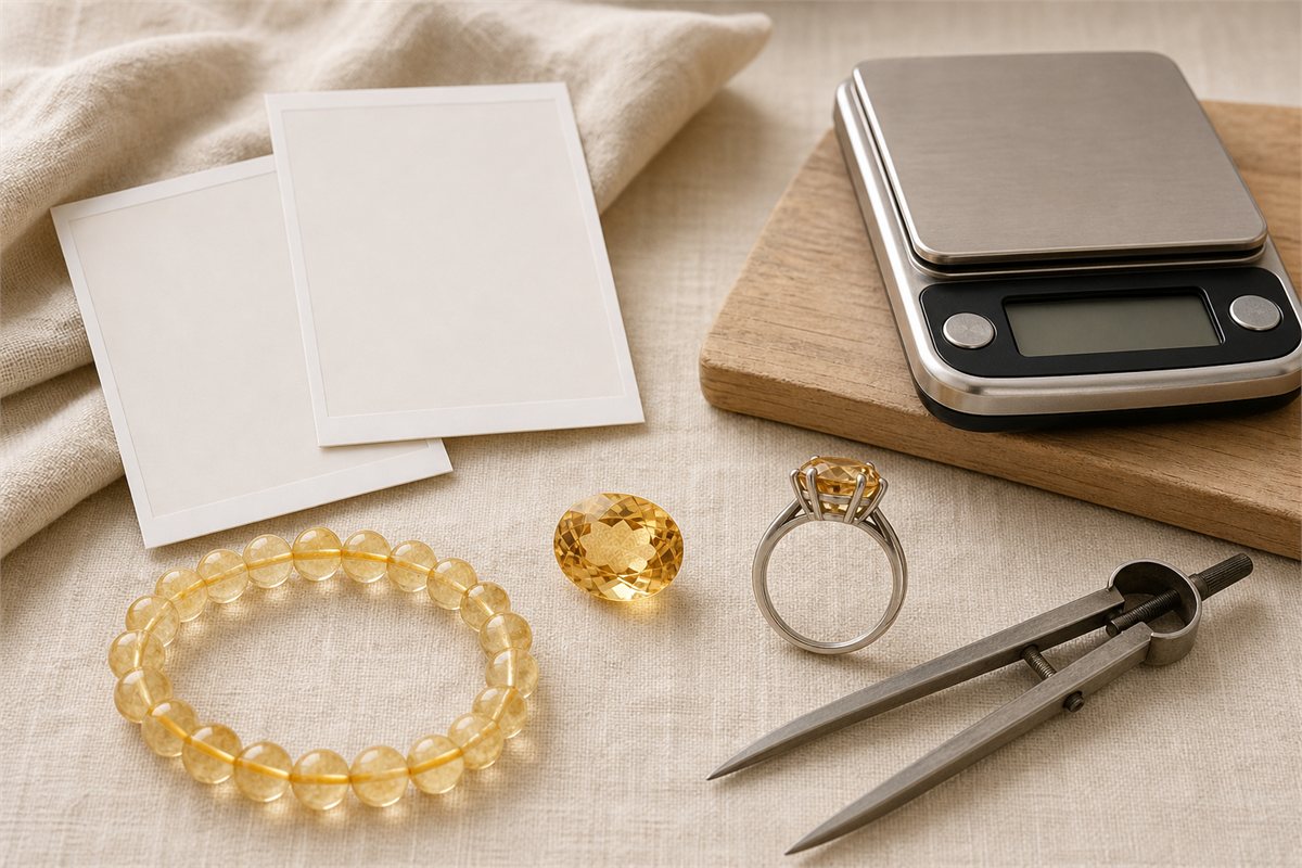 Loose citrine, caliper, scale, citrine ring, bracelet strand, and unlabelled item photographs arranged for buying inspection