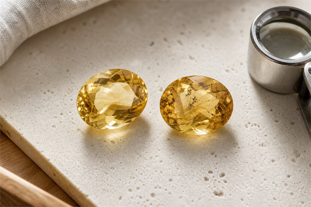 Two faceted citrine stones showing an eye-clean appearance and subtle natural-looking inclusions with an internal fracture