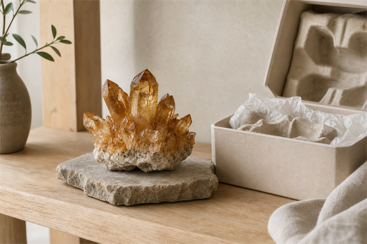 Orange-brown quartz cluster on a stable base beside neutral protective transport packaging