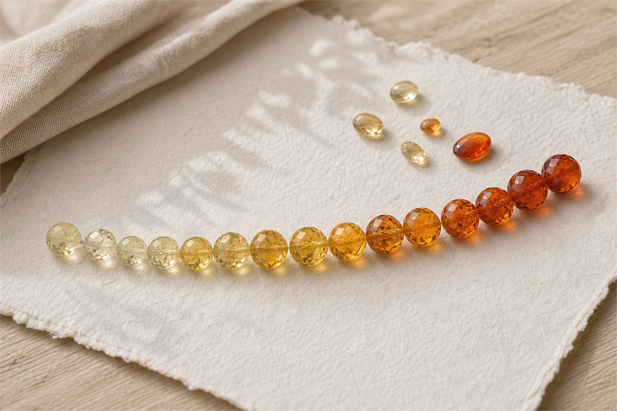 Citrine beads arranged from pale lemon yellow through honey gold and orange to deep reddish orange