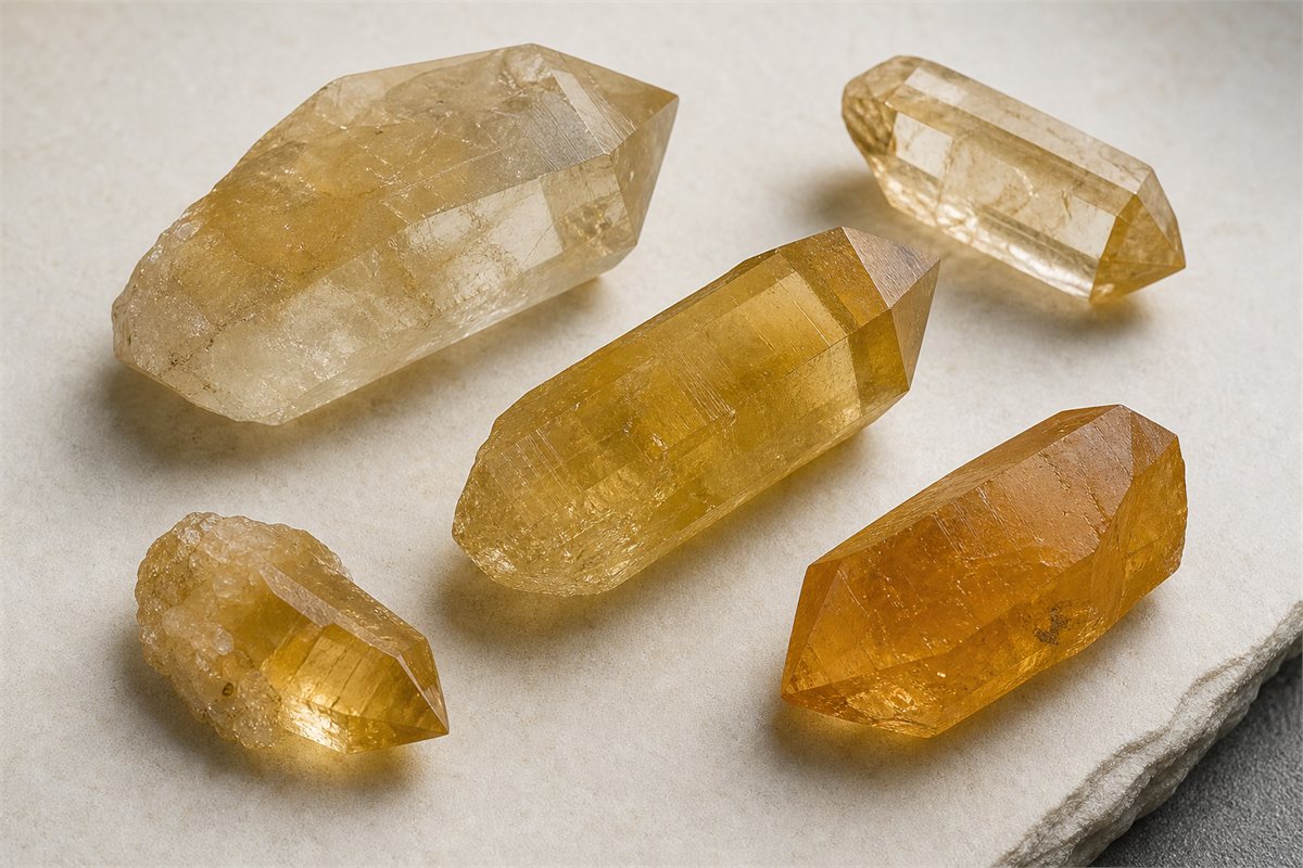 Macro view of pale yellow, golden and orangy quartz crystals with subtle color zoning