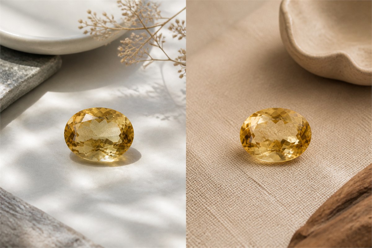 The same oval citrine shown under indirect daylight and neutral indoor light in a split comparison