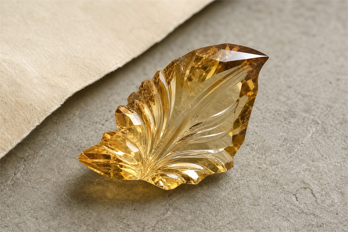 Golden citrine fantasy cut with an asymmetrical outline and visible concave grooves on a neutral stone surface